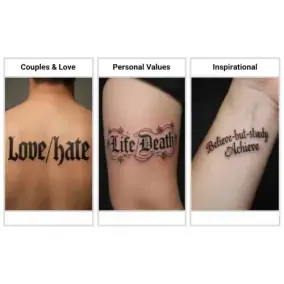 3-panel collage of ambigram tattoos: 